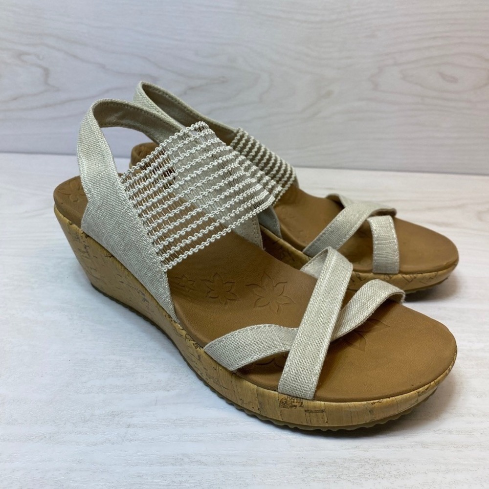 Skechers Womens 7.5 Wedge Sandals Rumblers Wild Child Beige Cork Luxe Foam 31723